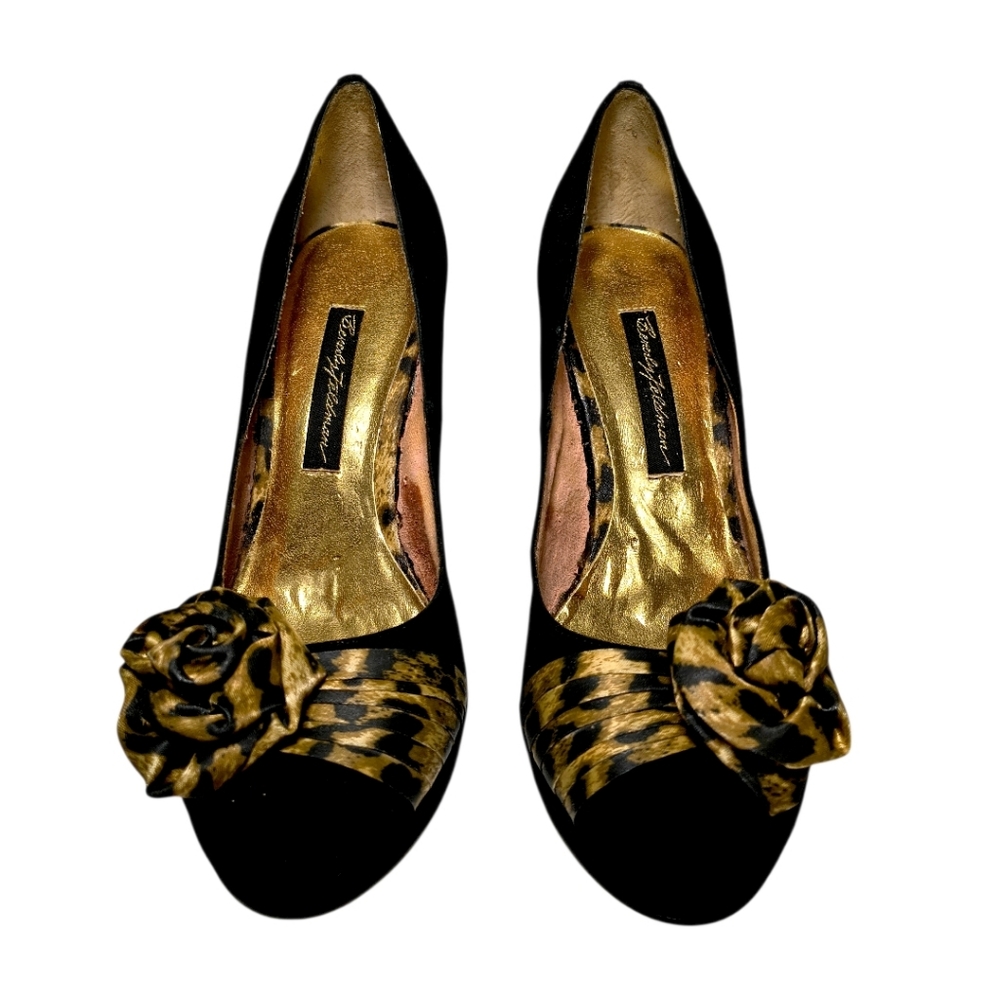 BEVERLY FELDMAN Black Suede Peep Toe Pumps Women's Size 7.5 Leopard Rose
